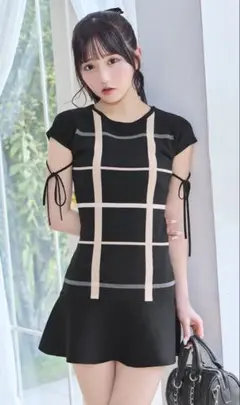 ミシェルマカロン　チェックフリルニットワンピース