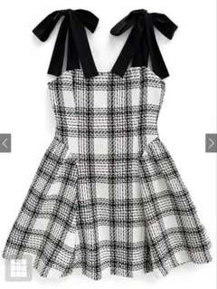 GRL ツイードチェックショルダーリボンミニワンピース