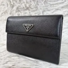 未使用品保管品✨PRADA サフィアーノ×ナイロン 折り財布 三角ロゴ ブラック