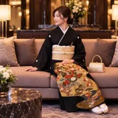 黒留袖 袋帯 セット 作家もの　落款あり　金彩 牡丹 菊 五つ紋 結婚式 和装