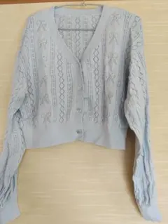 INGNI リボン柄 透かし編みカーディガン ライトブルー