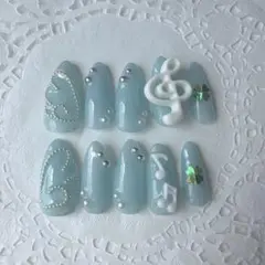ネイルチップ【現品】 ウィッシュコア 水色 音符 クローバー 平成女児