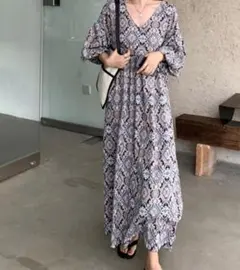 バルーンスリーブオリエンタル柄ロング丈ワンピース ペイズリー 半袖 春夏服
