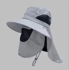 つば広帽子 日除け 完全遮光 遮光100％ UVカット 紐付き　グレー