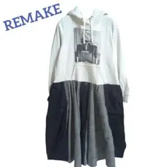 L　プリントパーカー×ドッキングスカートワンピース　ダメージ加工　古着リメイク