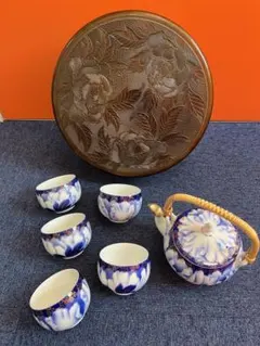 987 深川製磁　牡丹金ミル　茶器セット　急須1 湯呑5 茶櫃付き　金彩　未使用