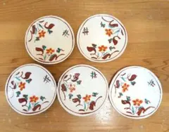 ​​【益子焼 つかもと】手描き 赤絵 草花紋 小皿 5枚セット / 銘あり 陶印
