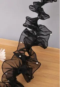 帯揚げ 浴衣 フリル レース 黒 パール風 チュール 着物 振袖 七五三 リボン