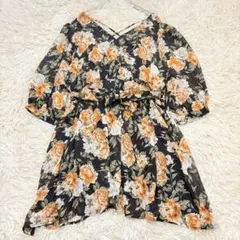 2492 美品✨花柄七分袖チュニック 3L 大きいサイズ ウエストリボン 綺麗め