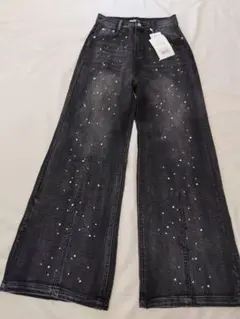 mily bilet パールビジュー ワイドストレートデニムパンツ ブラック M