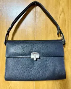 【高級】オーストリッチ本革 ハンドバッグ ブラック シルバー金具 黒