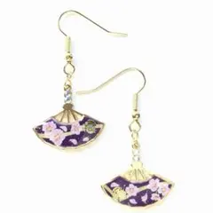 和風　紫　桜の花　扇フレーム　ピアス