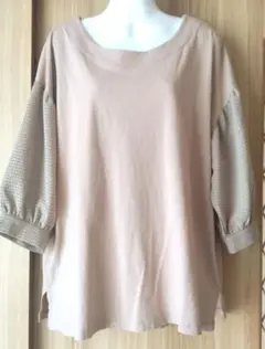 半袖処分!! USED　ベージュ系　袖チェック柄五分袖カットソー　4L