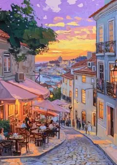 A4プリント画　西葡の夕暮れ港町