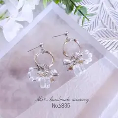 No.6835　★クリアキューブ　シルバーフープ　ピアス/イヤリング