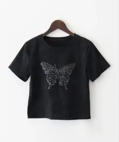 SpRay スパンコ－ルバタフライトップス Tシャツ 蝶 半袖 黒 ブラック F