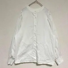 ＊ノーブランド ノーカラーシャツ 長袖ブラウス 無地 シンプル 袖ゴム 白 M