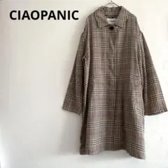 チャオパニック コート ステンカラー シングル ミドル丈 チェック 麻 比翼