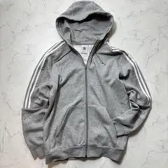 アディダス　パーカー　メンズ【L】グレー　裏起毛　トレフォイル　刺繍　フーディー