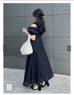 ドット柄フリルオフショルダーフレアロングワンピース［ru1165］