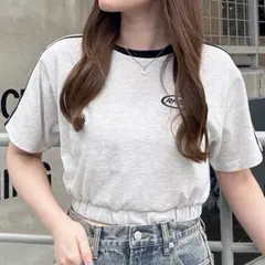 INGNI 裾ゴム袖ライン胸ロゴTシャツ y2k