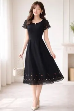 美品！花立体　刺繍 Aラインワンピース レース襟 オケージョン結婚式 M相当