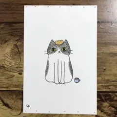 【1204】【ハチワレ猫の絵】ハガキサイズオリジナル手描きアナログイラスト原画
