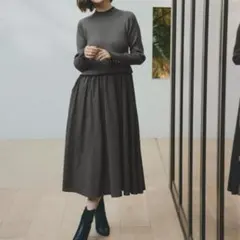 grove グローブ　ワンピース 配色リブニットドッキングワンピース　グレー　S