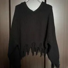 黒フリンジ付きVネックニット ※お値下げ可能※