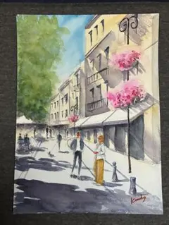 手描き水彩画　「南フランスの街並み」