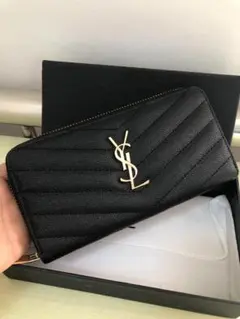 箱付き　ジップアラウンド ウォレット ブラック/YSL金色ロゴ　長財布