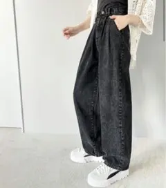 classicalelf 綿100% タックワイドパンツ〈ブラック XL〉