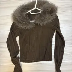 SHEIN ファー付きリブニット ジップアップトップス
