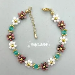 ハンドメイド　ビーズ　ブレスレット　花　フラワー　韓国　くすみピンク&ホワイト
