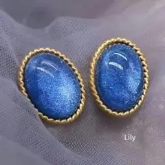✨ アンティーク レトロ オーバル ブルー ピアス 青 ゴールド ヴィンテージ