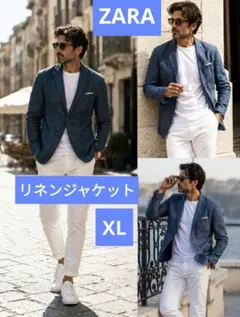 【ZARA ザラ　XL リネン】テーラード　ジャケット　ネイビー　春夏　メンズのサムネイル