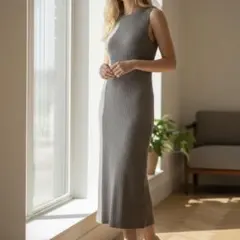 UNIQLO リブ編み ノースリーブロングワンピース ニット S ベージュ