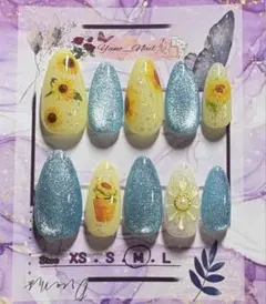 ネイルチップ　M　アーモンド　ブルー　イエロー　ひまわり　マグネット