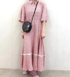 シスタージェーン ギンガムチェック ロングワンピース 半袖 ピンク