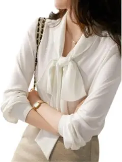 ブラウス シフォン リボン ボウタイ シャツ 2XL 白 フォーマル オフィス