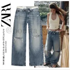 【ZARA】 ●#TRF 折り返しウエストミッドライズデニムパンツ● ブルーのサムネイル