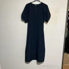 ウエストリボン付きネイビー半袖ロングワンピース