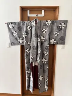連休値下げ 正絹紬着物くすみグレー花柄普段着物ゆったりサイズ 身丈160裄丈61