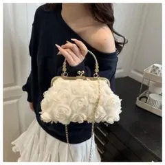 1447がま口パーティーバッグ 白 アイボリーショルダー ゴールド花バラ結婚式