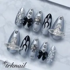145オーダーネイルチップ　サブカル　メンカラ　推し　シルバー　ゴテゴテ