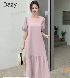 Dazy ピンク Vネック パフスリーブ フリル裾 ロングワンピース