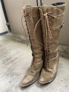 ベージュレザー ロングブーツ レースアップ　25cmくらい