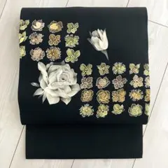 8467］名古屋帯 塩瀬 草花文様 黒 九寸 正絹 着物 - メルカリ
