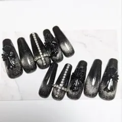 うる艶ブラックマグネット×立体クロスネイル✞ ラメ 韓国 ワンホンネイル