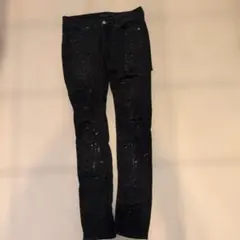 ブラック ペイント加工 ダメージデニムパンツのサムネイル